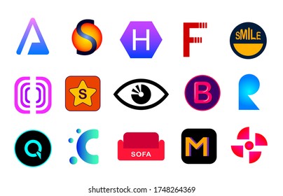 conjunto de logotipos vectoriales, colección de logotipos coloridos diferentes, letra a, b, c, s, q, f, aislados en fondo blanco