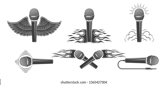 Vector logo. Set, collection. Hands holding a microphone. Design element for printing.