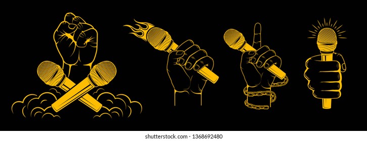 Vector logo. Set, collection. Hands holding a microphone. Design element for printing.