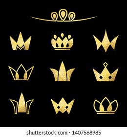 Vector logo set. Crowns in a gold foil texture.