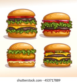 Vector Logo Set Isolated Burgers: Hamburger, Cheeseburger, Chickenburger Homemade. Bun Sesame, Meat Beef Grilled Patty Steak, Leaf Lettuce Salad. Big Burger Menu For American Fast Food Cafe Takeaway 