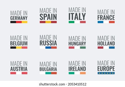 vector logo set made in germany, france, italy, spain, belgium, russia, holland, austria, hungary, ireland, bulgaria and made in european union, eu countries flag label