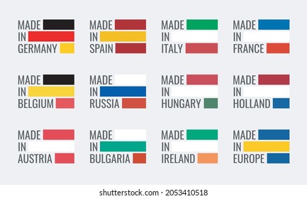 vector logo set made in germany, france, italy, spain, belgium, russia, holland, austria, hungary, ireland, bulgaria and made in european union, eu countries flag label