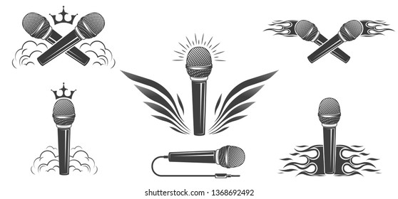Vector logo. A set of microphones, collection. Design element for printing.