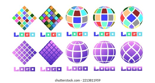 Conjunto de logotipos de vectores. Muestras de emblemas volumétricos de colores, cuadrados, círculos y un rhombus 3D sobre un fondo blanco aislado