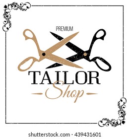 Vector logo sewing shop. Dressmaker scissors black and gold with grunge texture. Tailor Shop. Vector banner.
