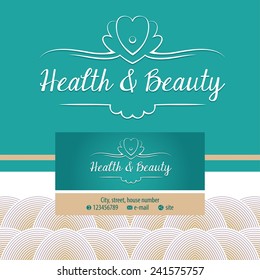 Vector logo with shell and pearl. Gold and turquoise. Trendy and stylish. Vintage. The premium segment. Identification elements: logo, background, colors, decorative ribbon.  business card 