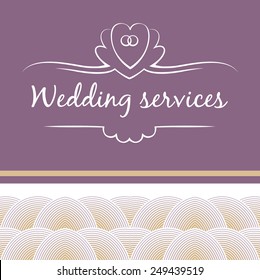 Vector logo with shell and pearl. Gold and violet. Trendy and stylish. Vintage. Wedding service. Wedding Agency, the organization of weddings 