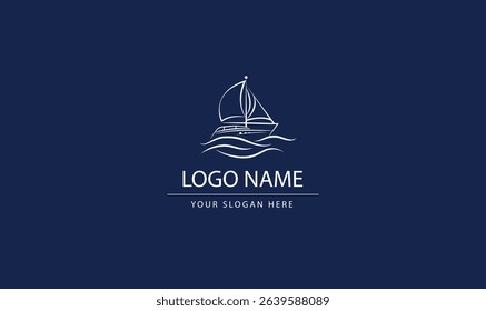 Vector logo of a ship sailing on the high seas, with modern lines representing movement and maritime adventure. The design features sails and gentle waves, ideal for brands related to sailing, travel