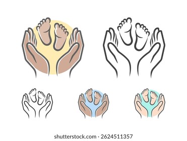 Vector logo showing baby feet protected by caring hands, symbolizing childcare, safety, and love.