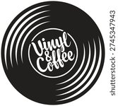 Vector logo, sign or banner for cafe or music restaurant with vinyl records, plate, player and inscription "Vinyl and coffee" in retro style. Advertising poster, flyer, signboard, menu. No ai used