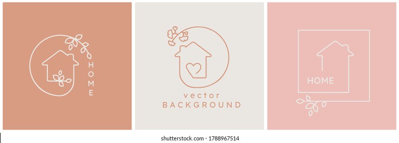 Vector logo sign design template in simple linear style - home decor store emblem, scandinavian and minimal interior decoration, accessories and objects - house shape symbol, heart, leaves, frames 