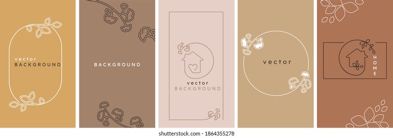 Vector Logo sign design template in simple linear style - home decor store emblem, scandinavian and minimal interior decoration, accessories and objects - house shape symbol, heart, leaves, frames