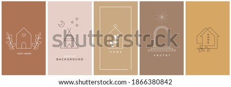 Vector logo sign design template in simple linear style - home decor store emblem, scandinavian and minimal interior decoration, accessories and objects - house shape symbol, heart, leaves, frames 