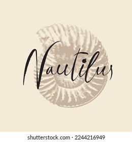vector logo sign with drawing of ancient petrified ammonite shells or nautilus pampilius. exhibits of the paleontological museum from extinct marine mollusks and animals of the  sea and ocean fauna