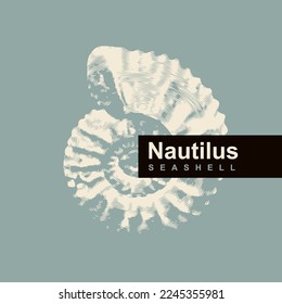 vector logo sign with drawing of ancient petrified ammonite shells or nautilus pampilius. exhibits of the paleontological museum from extinct marine mollusks and animals of the  sea and ocean fauna