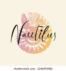 vector logo sign with drawing of ancient petrified ammonite shells or nautilus pampilius. exhibits of the paleontological museum from extinct marine mollusks and animals of the  sea and ocean fauna