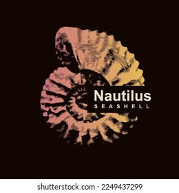 vector logo sign with drawing of ancient petrified ammonite shells or nautilus pampilius. exhibits of the paleontological museum from extinct marine mollusks and animals of the  sea and ocean fauna