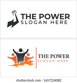 Vector logo with sign muscle arm and three people lighting plugs line vector suitable for electric education energetic business company networking
