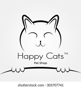 Vector logo or sign for pet shop "Happy cats". Simple silhouette style, line art
