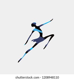 Vector logo silhouette ballerina modern dance ballet pose fly jump minimalism style abstract blue pattern isolate on white background