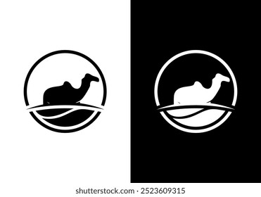 Vector logo silhouette of camel in desert with circular elements.