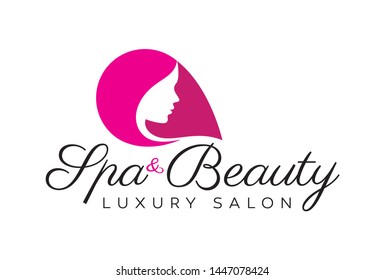 Vector logo with silhouette of female head. Text Spa & Beauty Luxury Salon. Isolated on white background