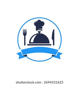 Vektor Logo Silhouette der Gabel Messer Chef Hut und Schale Platz geeignet für Catering-Unternehmen 