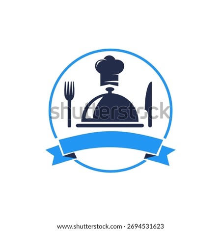 Vector logo silhouette of fork knife chef hat and dish place suitable for catering business 