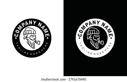 Vector logo silhouette of old man smoking in circle on black and white background.