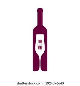 Vector logo silhouette of a wine bottle inside is a wine glass with text: Time for wine. Isolated on white background.