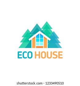 Vector logo simple symbolic hut on the forest trees
