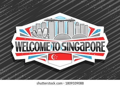 Vector logo for Singapore, white decorative label with illustration of modern singapore city scape on day sky background, tourist fridge magnet with unique letters for black words welcome to singapore