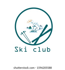 Vector logo of the Ski club. It consists of a small mountain camp and skis. For website banner, advertising, business.