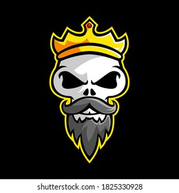 Vector logo skull head esport gold crown with mustache in black background