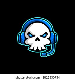 Vector logo skull head esport blue headphone with black background