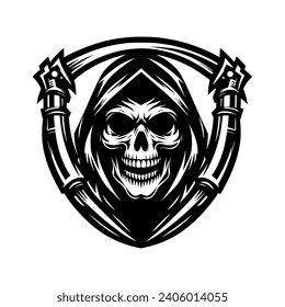 Vector logo of a skull head. Illustration of a grim reaper. suitable as a tattoo, logo, or graphic elements.