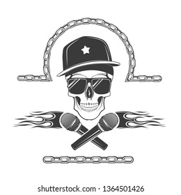 Vector logo skull with a microphone in a cap. Design element for printing. Rock rap music