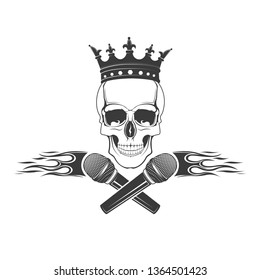 Vector logo skull with a microphone in the crown. Design element for printing. Rock rap music