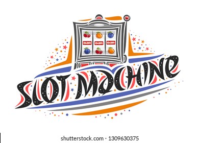 Vector logo for Slot Machine, creative illustration of reel of slot machine, original decorative brush lettering for word slot machine, simplistic abstract gambling banner with lines and dots on white