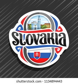 Vector logo for Slovakia country, fridge magnet with slovakian flag, brush typeface for word slovakia, national slovakian symbol - Blue Church of St. Elizabeth in Bratislava on cloudy sky background.