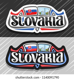 Vector logo for Slovakia country, fridge magnet with slovakian flag, brush typeface for word slovakia, national slovakian symbol - Blue Church of St. Elizabeth in Bratislava on cloudy sky background.