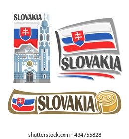 Vector logo Slovakia,3 isolated illustrations: Blue Church of St. Elizabeth in Bratislava on background national state flag, symbol Slovakia Republic architecture and slovak flag, slovakian parenica