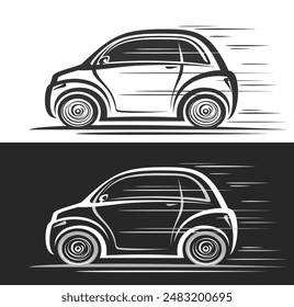 Vector logo for Small Electric Car, automotive decorative banners with simple illustration of female micro car in moving, line art running monochrome small concept car on black and white background