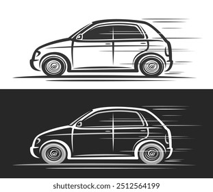 Logotipo del Vector para el coche Pequeño del Hatchback, Anuncios decorativos automotrices con la ilustración simple del coche micro femenino en movimiento, arte de línea que corre el coche monocromo del concepto en fondo blanco y negro