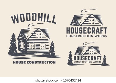 Vector logo with a small house and trees. Logo for a house repair, construction and building.
