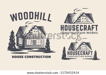 Vector logo with a small house and trees. Logo for a house repair, construction and building.