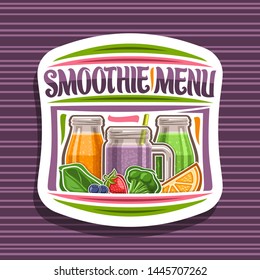 Vector logo for Smoothie Menu, white decorative badge with illustration of juicy fruit ingredients, bottles and mason jar with alkaline blended liquid, label with lettering for words smoothie menu.