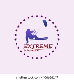 Vector logo Snow Kiting.  Winter Kite Surfing Vector.