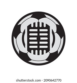 Vector logo of a soccer ball with a microphone in the middle on a white background for a football podcast. Sport symbol.